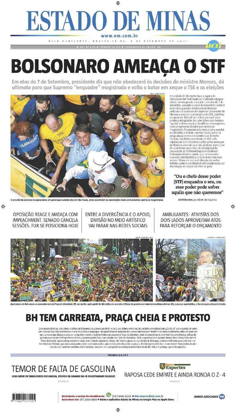 Confira a Capa do Jornal Estado de Minas do dia 08/09/2021