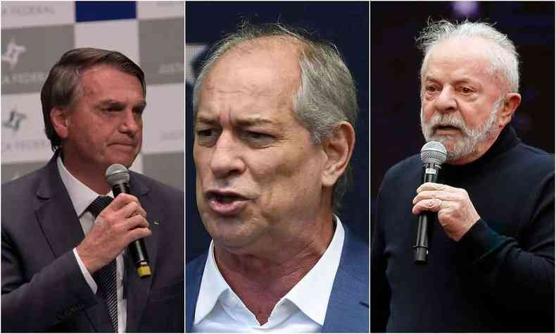 Montagem com Jair Bolsonaro a esquerda, Ciro no centro, Lula a direita