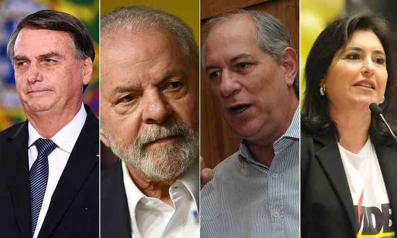 Montagem com os rostos de Bolsonao, Lula, Ciro Gomes e Simone Tebet 