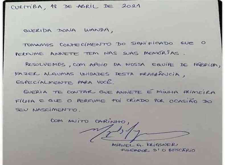 Carta do fundador da marca, Miguel Krigsner, para dona Wanda(foto: Reproduo/redes sociais )