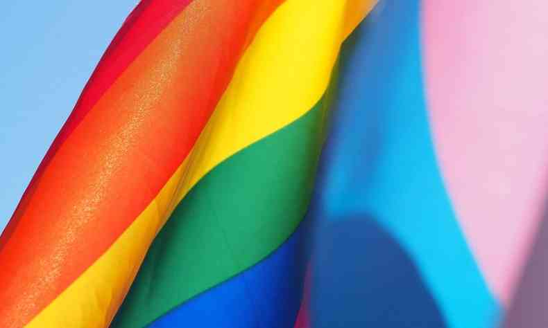 Bandeira LGBT com as cores do arco-ris ao lado de uma bandeira trans, com as cores azul, rosa e branco