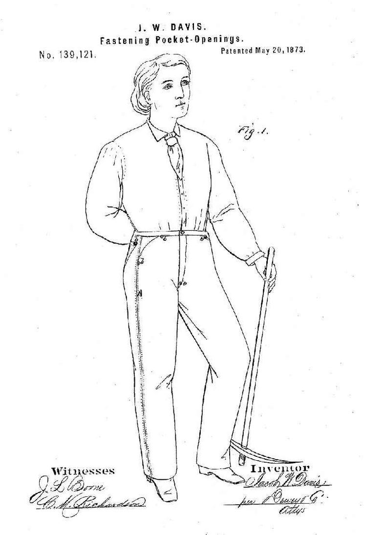 Desenho da patente de fixao de aberturas de bolso, concedida a Jacob W. Davis em 20 de maio de 1873