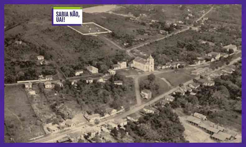 Imagem aérea de 1944 mostrando a Igreja Matriz de Venda Nova e as ruas ao seu entorno