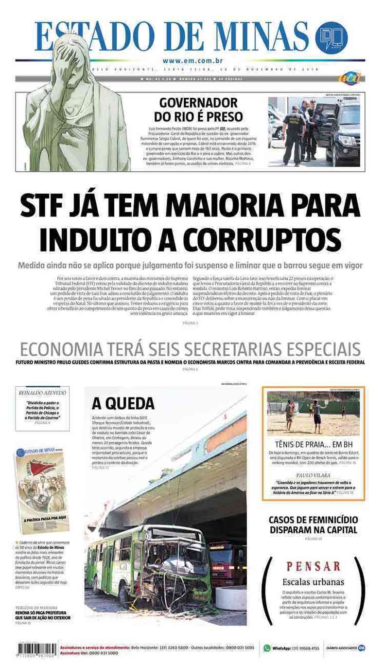 Confira a Capa do Jornal Estado de Minas do dia 30/11/2018(foto: Estado de Minas)