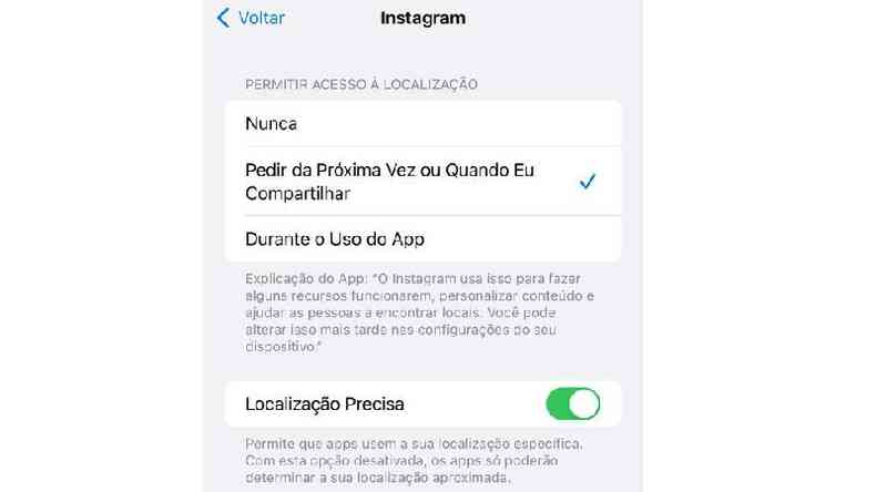 Captura de tela mostra configurao no Instagram de permisses sobre acesso  localizao