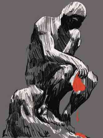 Capa do disco Amor, de Andr Abujamra, ilustrao de esttua de homem sentado, com a mo no queixo, segurando corao vermelho pingando sangue