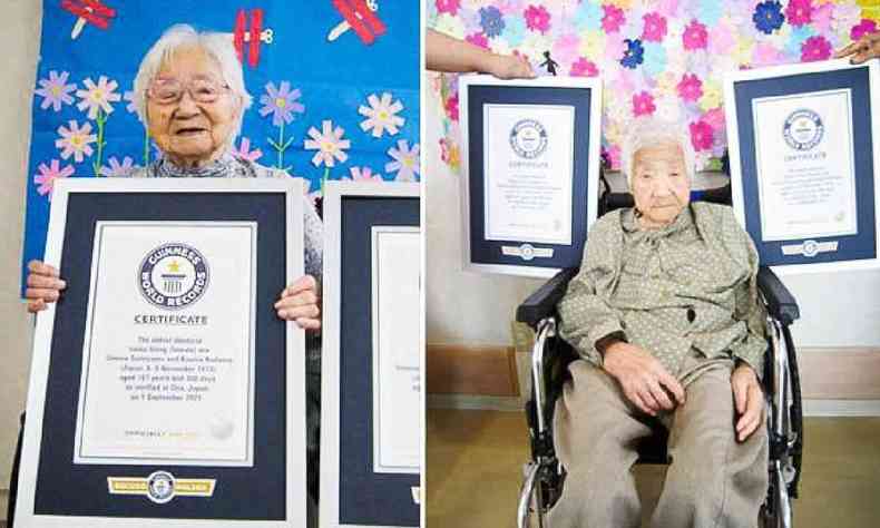 Umeno Sumiyama e Koume Kodama com seus certificados do Guinnes World Record