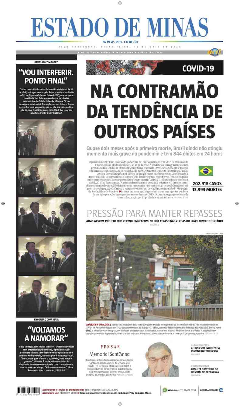 Confira a Capa do Jornal Estado de Minas do dia 15/05/2020(foto: Estado de Minas)