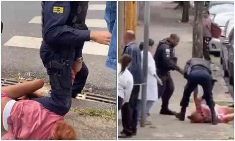 Mulher sendo imobilizada por agente da Guarda Civil de Belo Horizonte. 