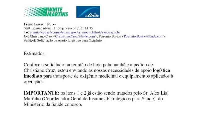 E-mail da White Martins detalhando a quantidade de oxignio que deveria ser transportado antes do colapso em Manau(foto: Folha de So Paulo/Reproduo)