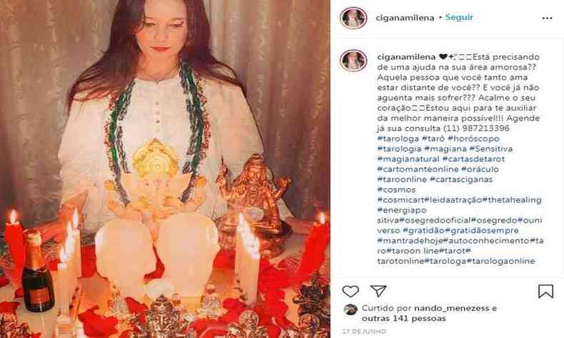 A mulher que aparece no Instagram sob o codinome de Cigana Milena oferece trabalhos de amarrao amorosa, cura espiritual e prosperidade financeira (foto: Reproduo/Instagram)
