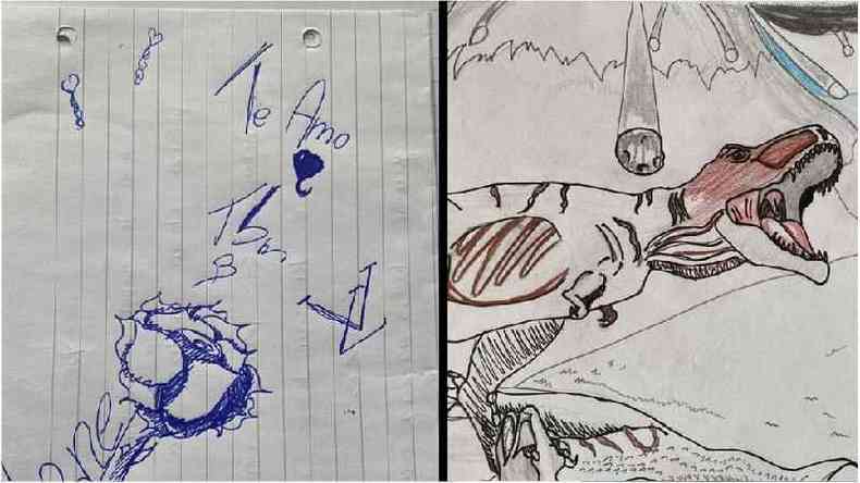 Dois desenhos, um com uma rose e os dizeres 'te amo' e desenho de dinossauro