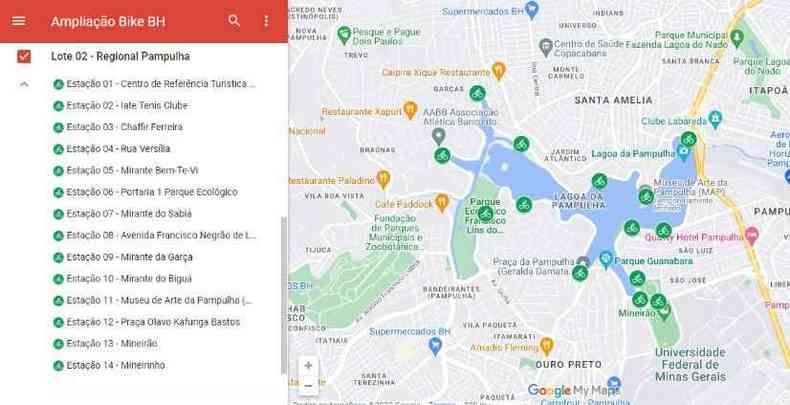 mapa da regional Pampulha de Belo Horizonte com estaes de aluguel de bicicleta