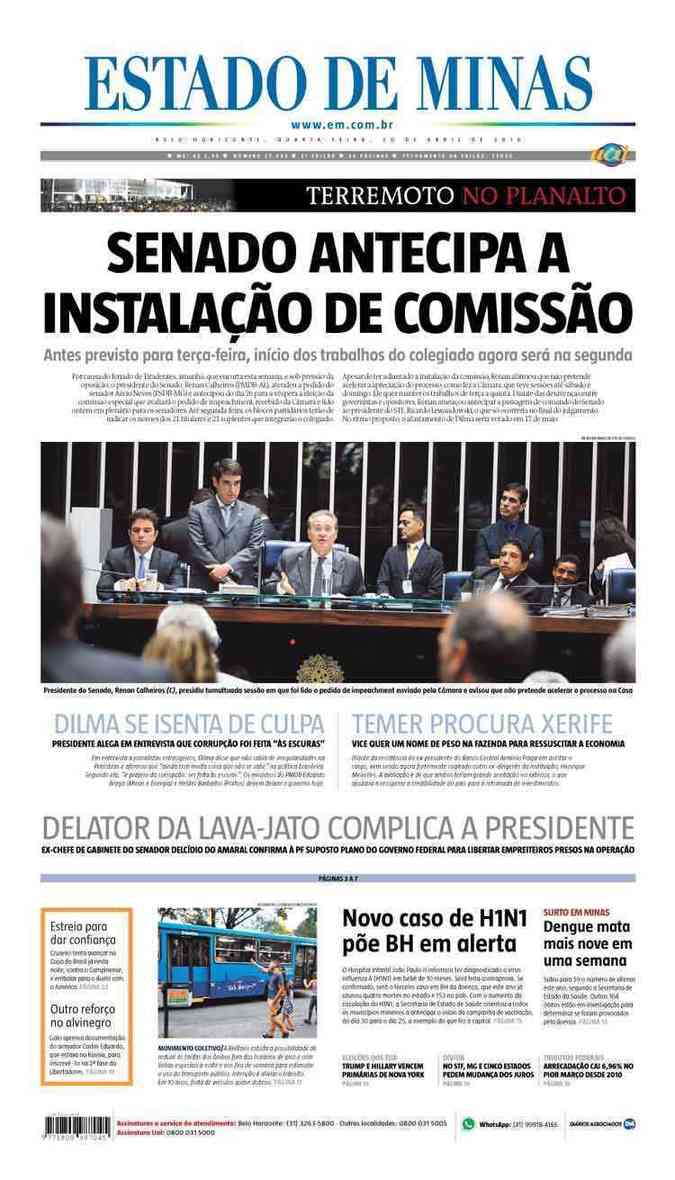 Confira a Capa do Jornal Estado de Minas do dia 20/04/2016