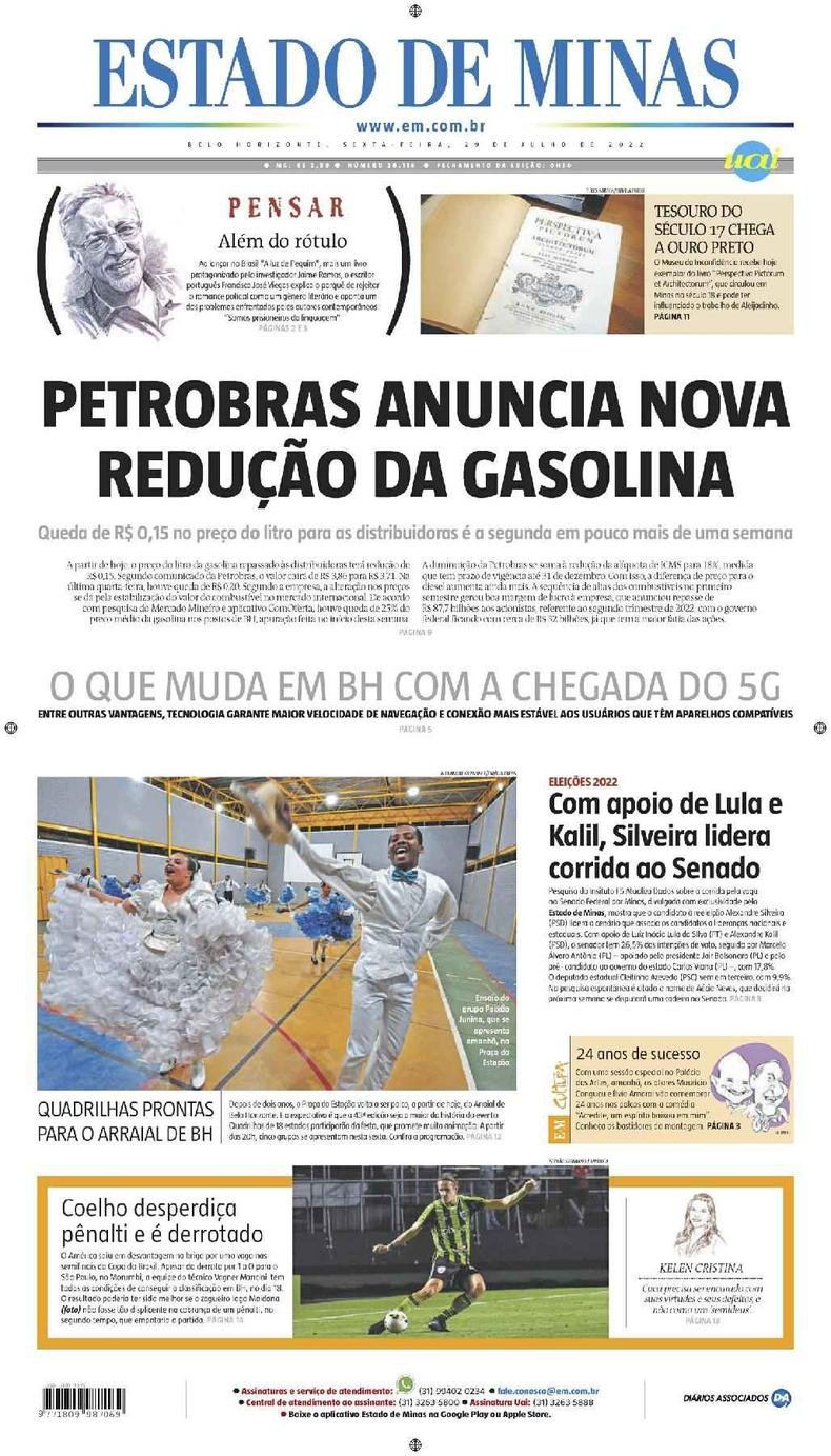 Confira a Capa do Jornal Estado de Minas do dia 29/07/2022