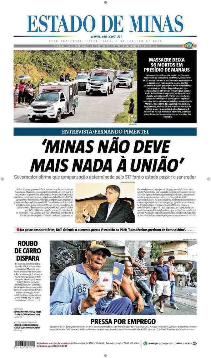 Confira a Capa do Jornal Estado de Minas do dia 03/01/2017