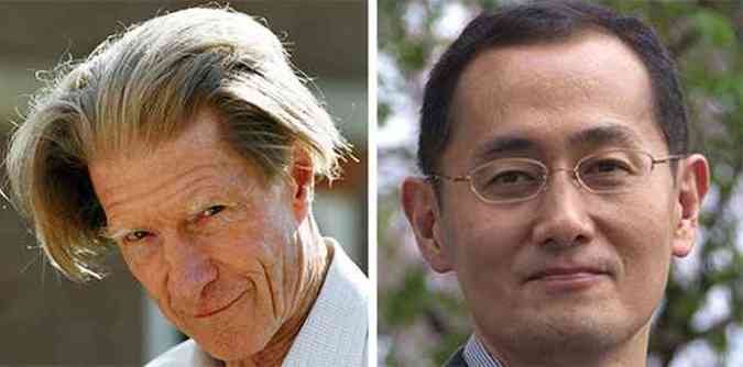 John B. Gurdon ( esquerda) e Shinya Yamanaka foram premiados pelo trabalho com reprogramao celular (foto: AFP PHOTO )