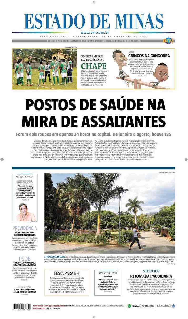 Confira a Capa do Jornal Estado de Minas do dia 29/11/2017
