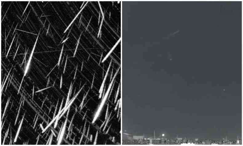Surto de meteoros registrado  esquerda no Canad e,  direita, frame de vdeo gravado de Patos de Minas