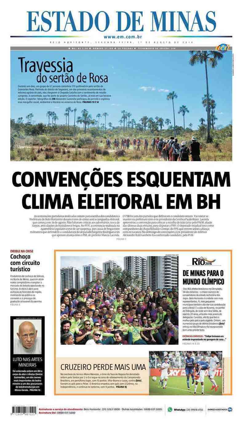 Confira a Capa do Jornal Estado de Minas do dia 01/08/2016