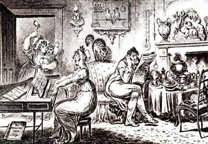 Caricatura da �poca comentando os casos conjugais do pr�ncipe e sua esposa Caroline de Brunswick