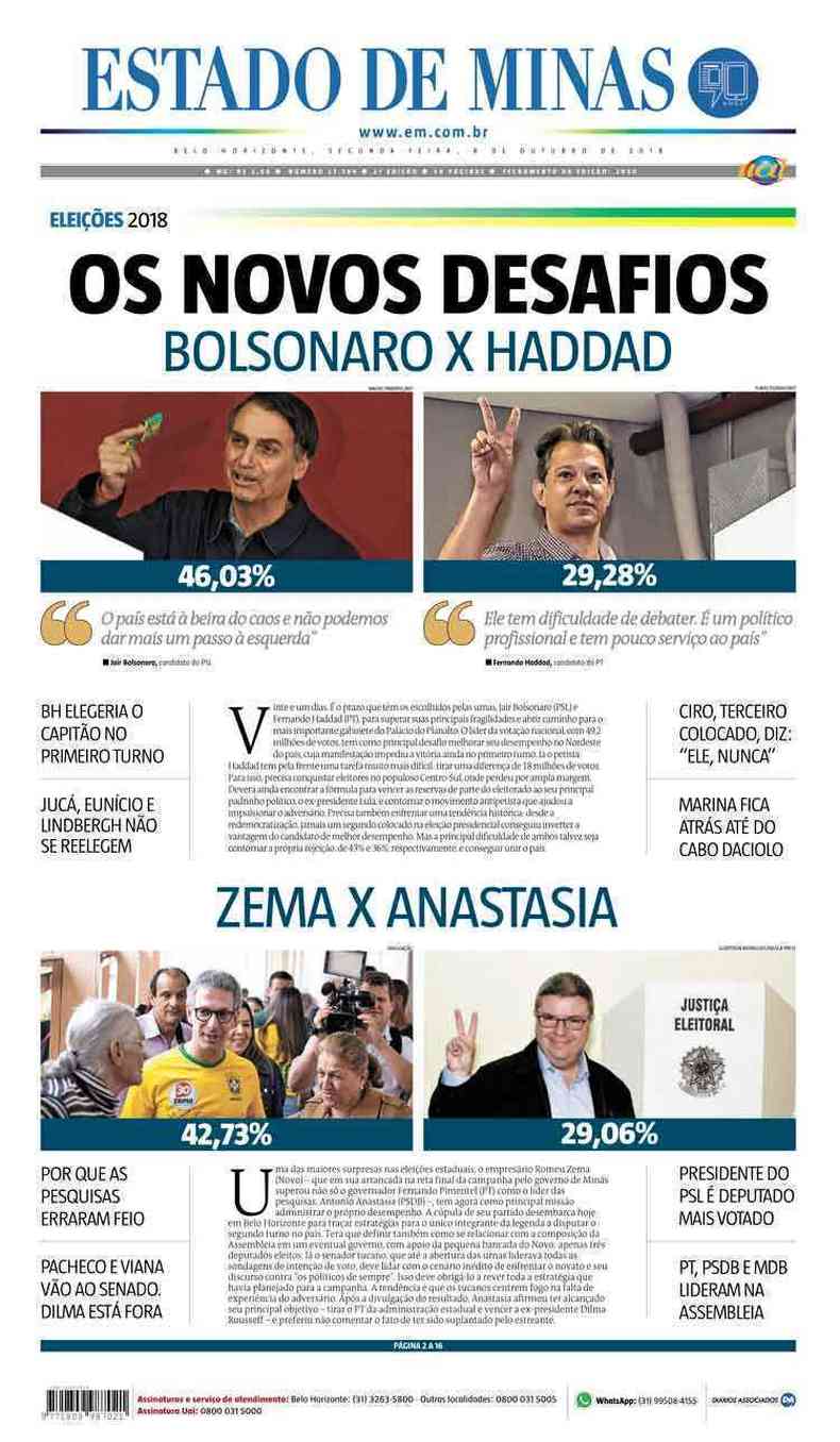 Confira a Capa do Jornal Estado de Minas do dia 08/10/2018(foto: Estado de Minas)