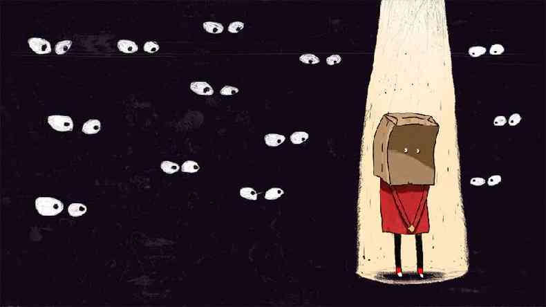 Ilustração de pessoa com saco sobre a cabeça em um lugar escuros com olhos a observando