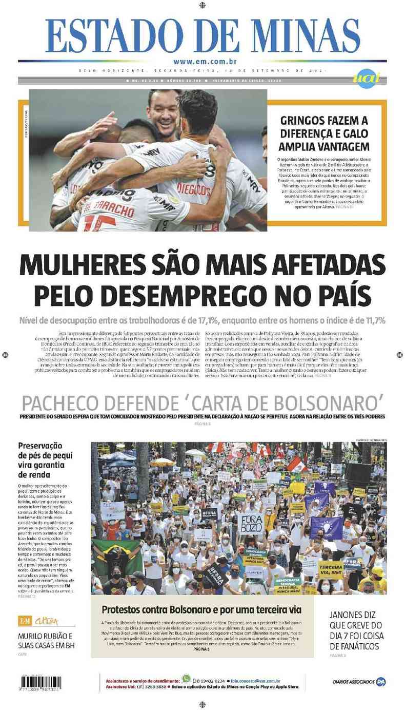 Confira a Capa do Jornal Estado de Minas do dia 13/09/2021
