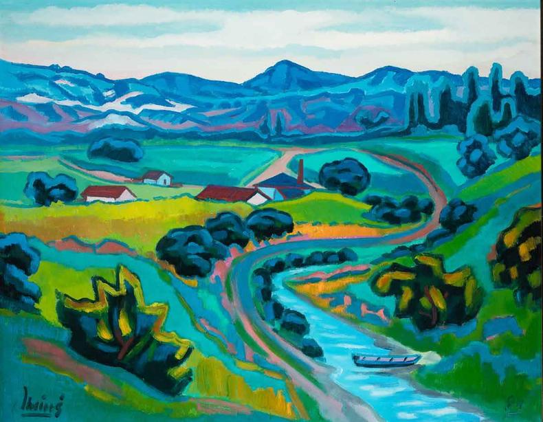 Inimá de Paula retratou a região de Sete Lagoas em um de seus primeiros quadros(foto: Pinakotheke Cultural/divulgação) Quadros de Inimá de Paula mostra paisagem com montanha e rio
