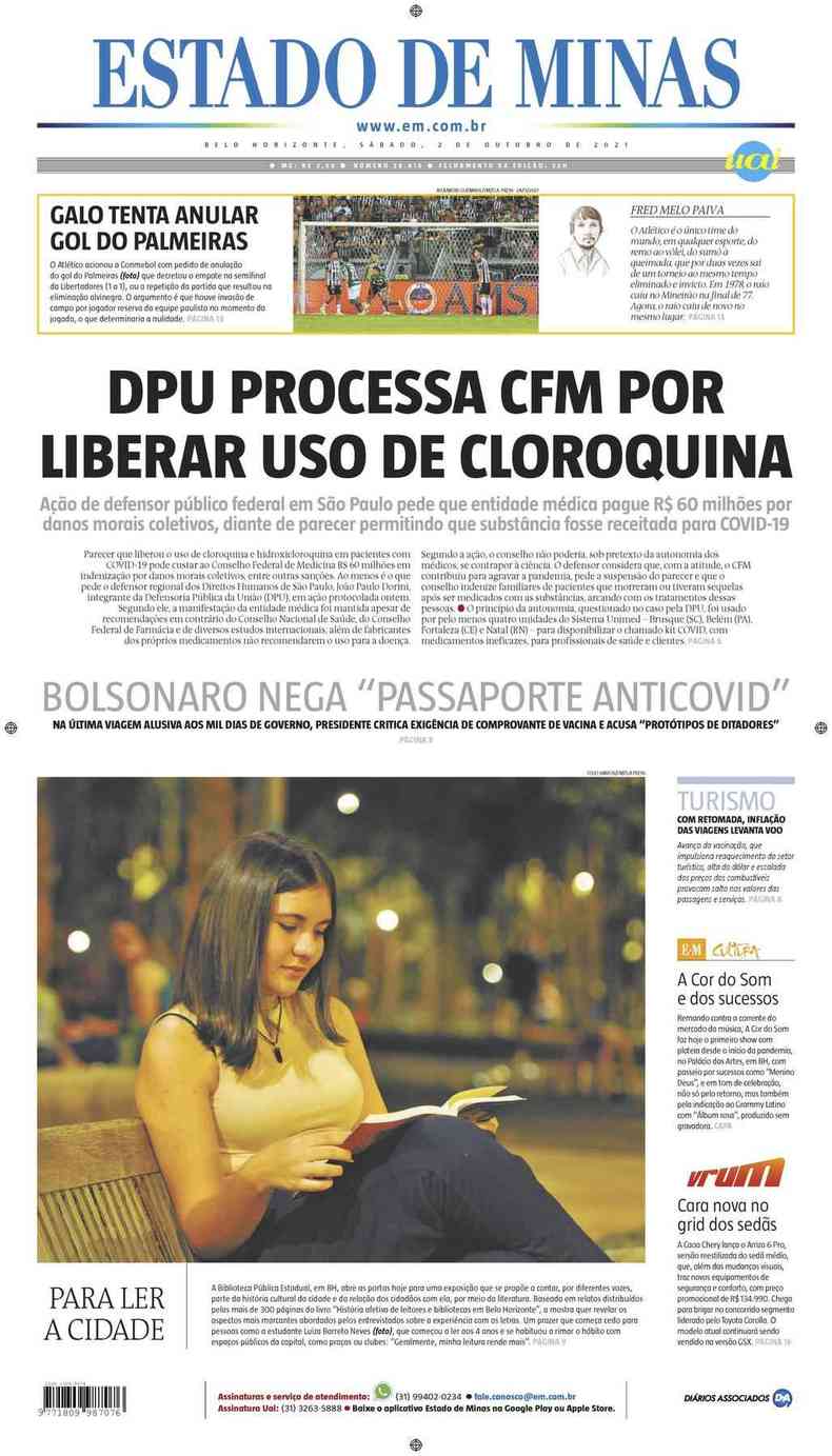 Confira a Capa do Jornal Estado de Minas do dia 02/10/2021