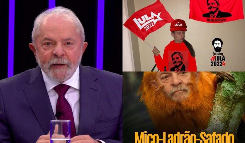 Montagem de foto de Lula no Jornal Nacional, uma garota com uma bandeira do Lula, foto do Lula na parede e um moletom do petista e uma montagem do ex-presidente em um mico-leo dourado com o escrito 'mico ladro safado' 