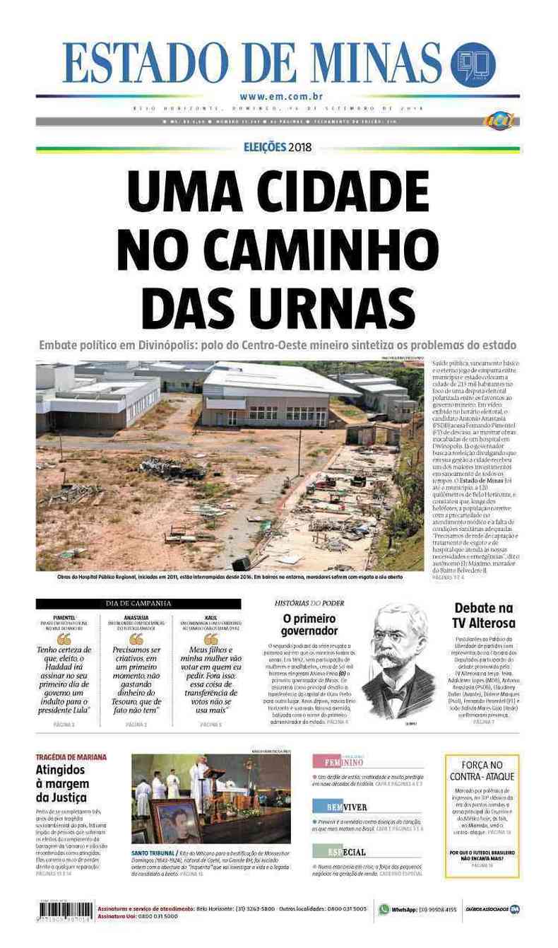 Confira a Capa do Jornal Estado de Minas do dia 16/09/2018(foto: Estado de Minas)