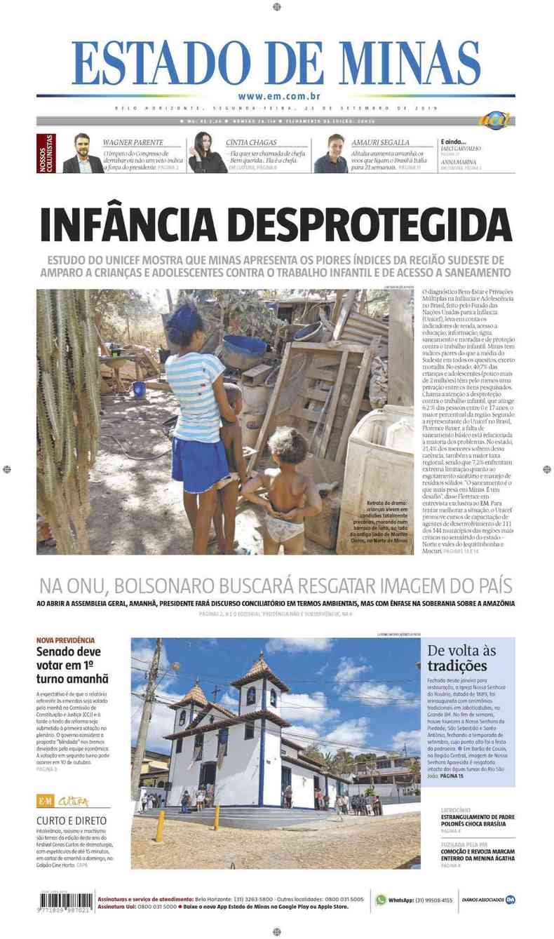 Confira a Capa do Jornal Estado de Minas do dia 23/09/2019(foto: Estado de Minas)