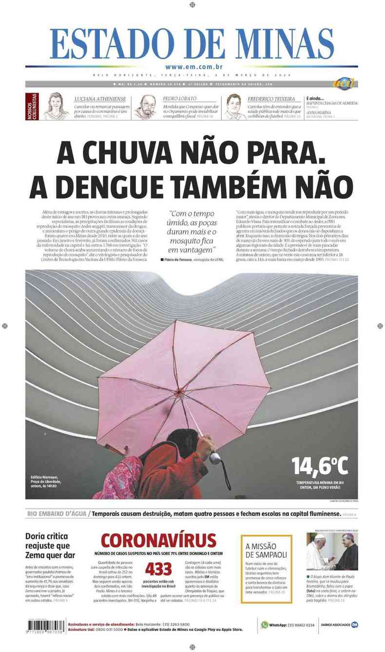 Confira a Capa do Jornal Estado de Minas do dia 03/03/2020(foto: Estado de Minas)