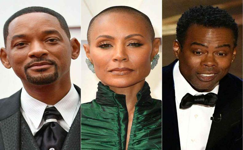 Montagem com os atores Will e Jada Pinkett Smith, alm do comediante Chris Rock