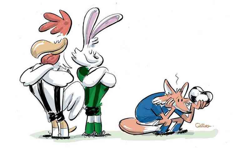 Ilustrao do cartunista Quinho mostrao Galo e o Coelho vistosos ao lado de uma Raposa encolhida