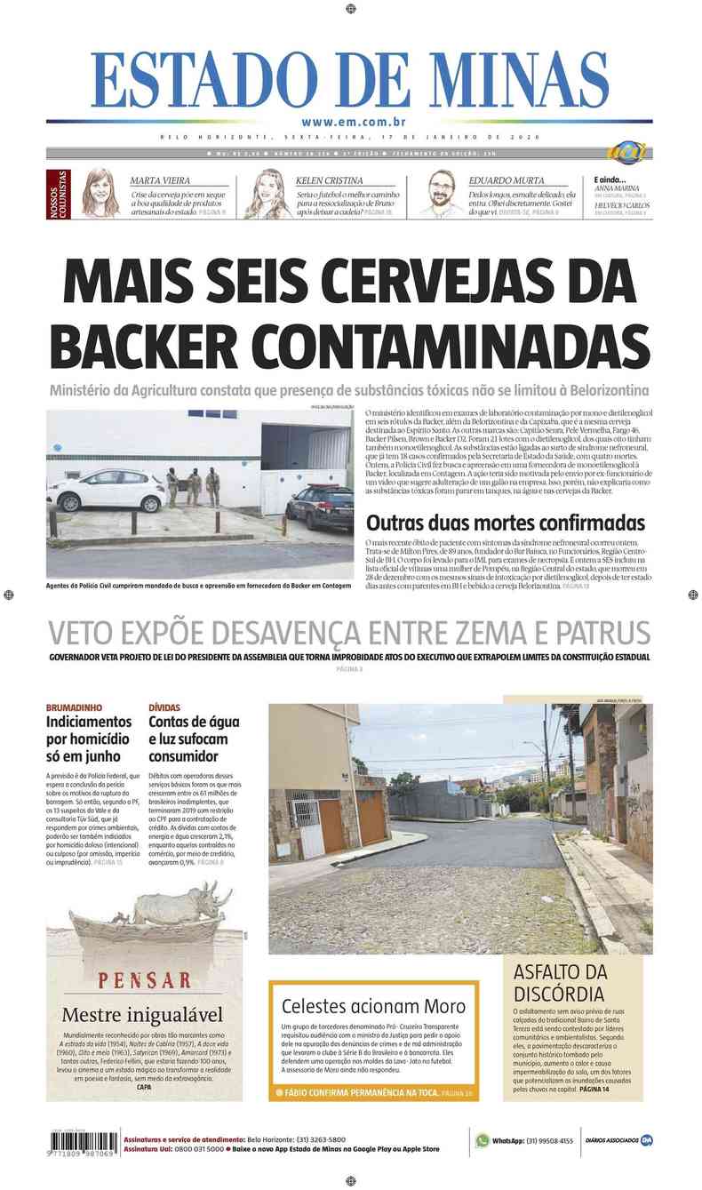 Confira a Capa do Jornal Estado de Minas do dia 17/01/2020(foto: Estado de Minas)