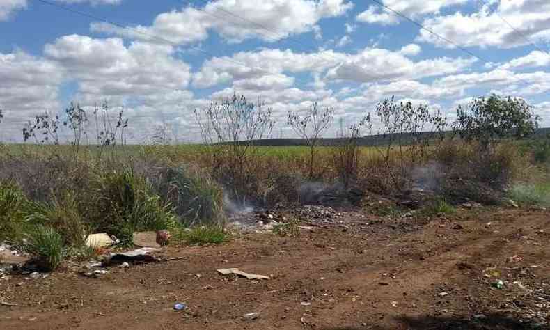 Fogo em descarte ilegal de lixo causou incndio de grandes propores em canavial (foto: PMMG/Divulgao)
