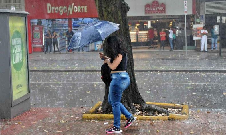 Mulher com um guarda-chuva azul, pr�xima a uma �rvore e ponto de onibus