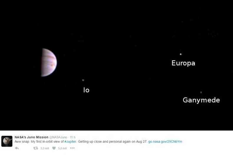 Na foto so visveis trs dos quatro maiores satlites de Jpiter: Io, Europa e Ganimedes(foto: Divulgao/Twitter)