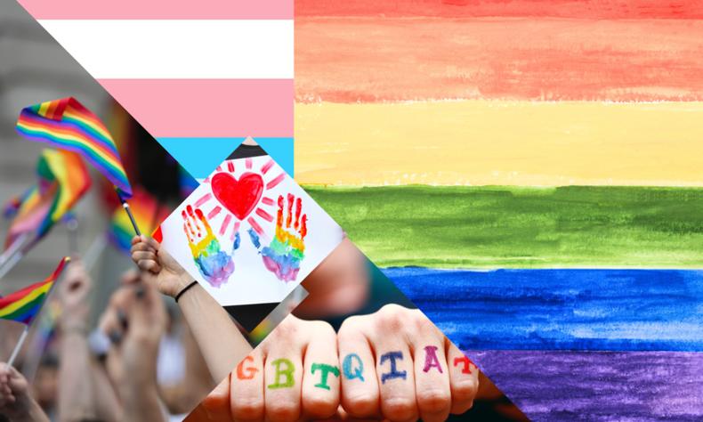 (foto: Reprodução) Montagem com várias imagens: uma com várias pessoas balançando a bandeira LGBTQIAP+, uma com a bandeira trans, uma com a bandeira LGBTQIAP+, uma com duas mãos juntas, com cada letra da sigla 'LGBTQI+' escrita em um dedo, e outra com duas marcas de tinta de mãos nas cores do arco-iris segurando um coração