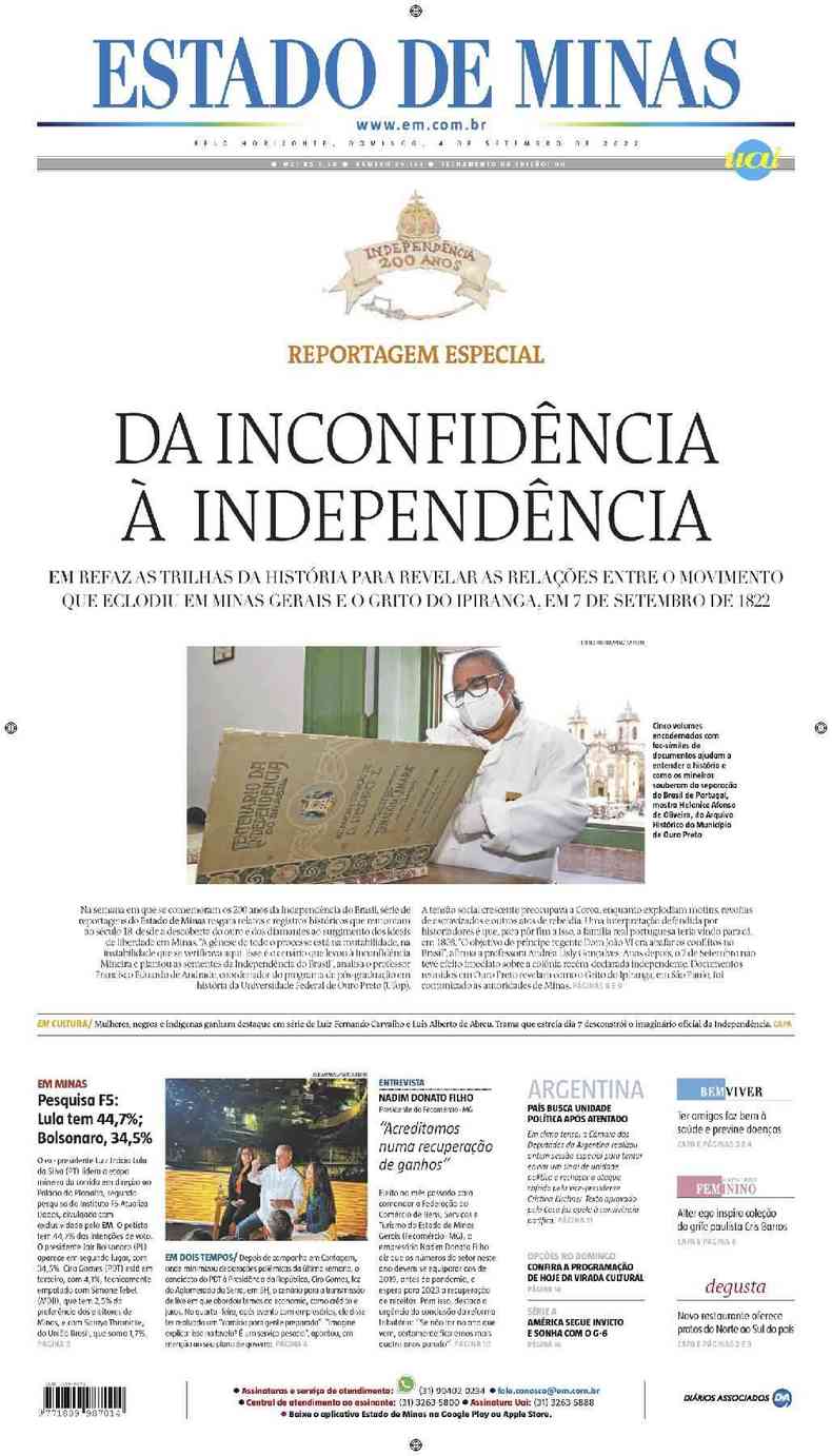 Confira a Capa do Jornal Estado de Minas do dia 04/09/2022