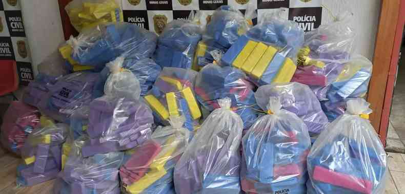 Uma tonelada de maconha apreendida armazenadas em sacolas da Polcia Civil