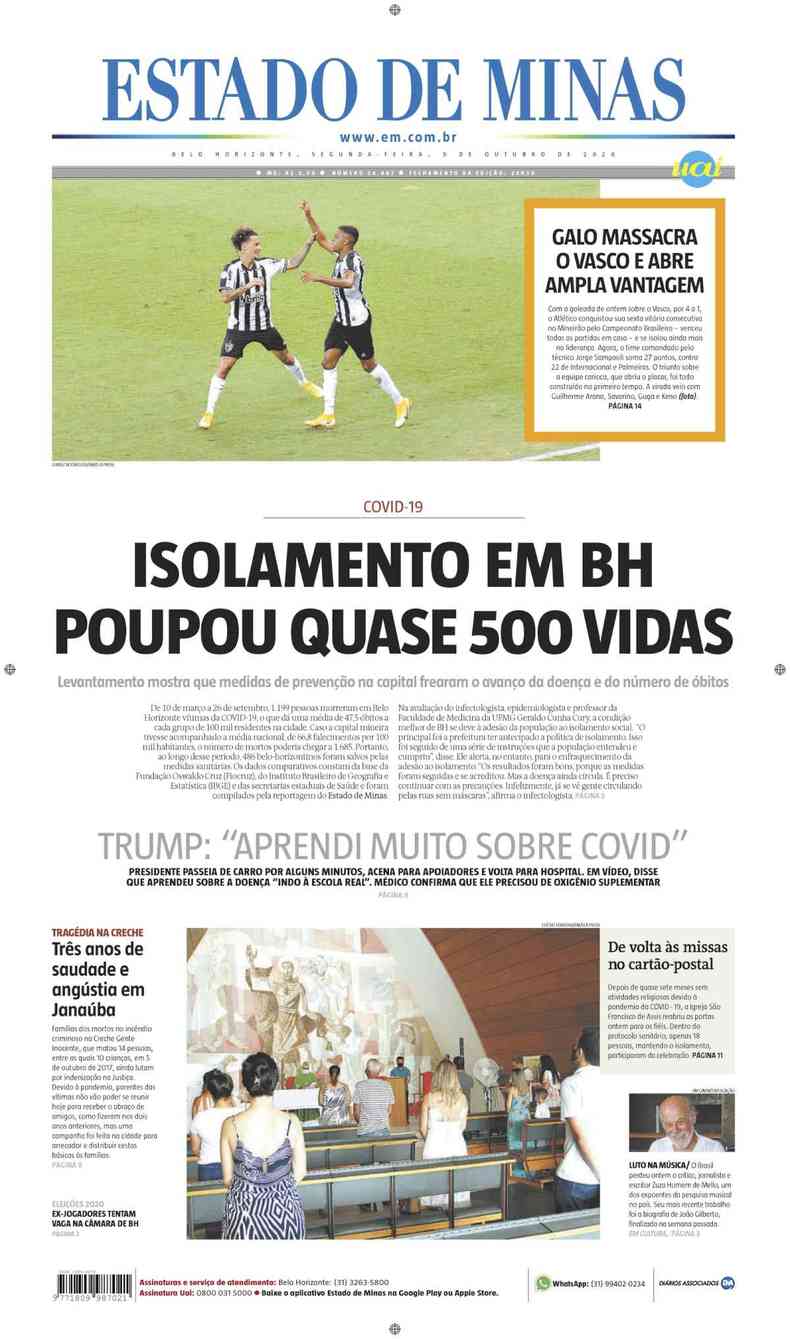 Confira a Capa do Jornal Estado de Minas do dia 05/10/2020(foto: Estado de Minas)