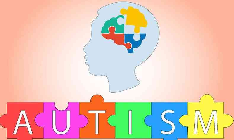 ilustrao de um crebro em quebra-cabea colorido com as palavras autism (em ingls)