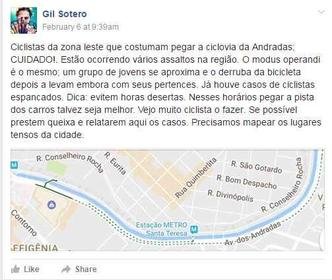 Ciclistas apontam onda de crimes na Avenida dos Andradas(foto: Reprodu��o/Massa Cr�tica Facebook)