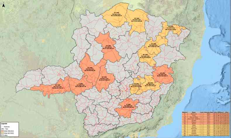 Mapa com os trechos das rodovias 