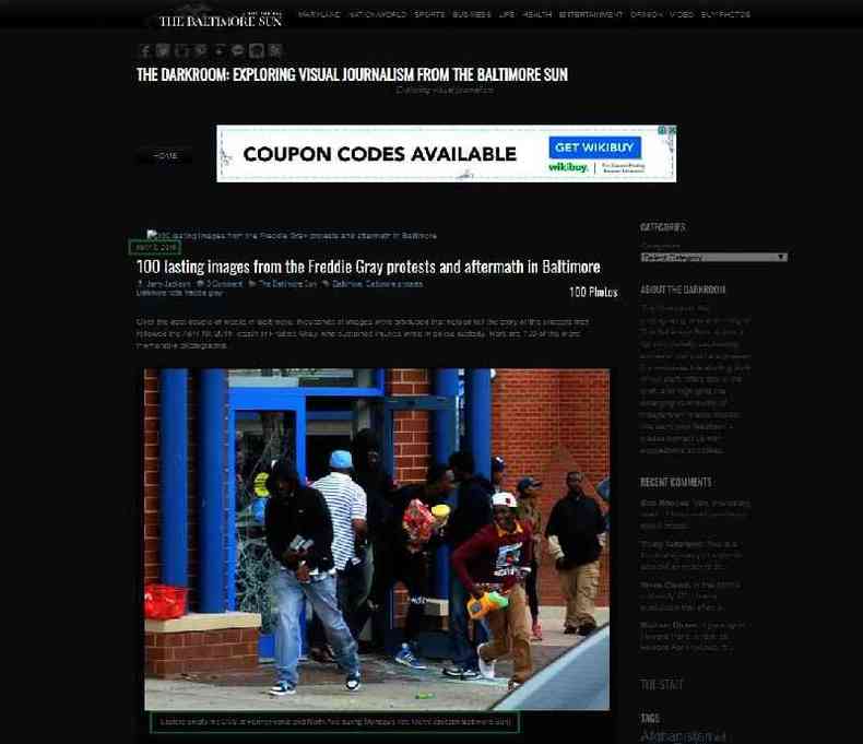 Captura de tela feita em 4 de junho de 2020 mostra foto publicada em blog do jornal The Baltimore Sun em 8 de maio de 2015