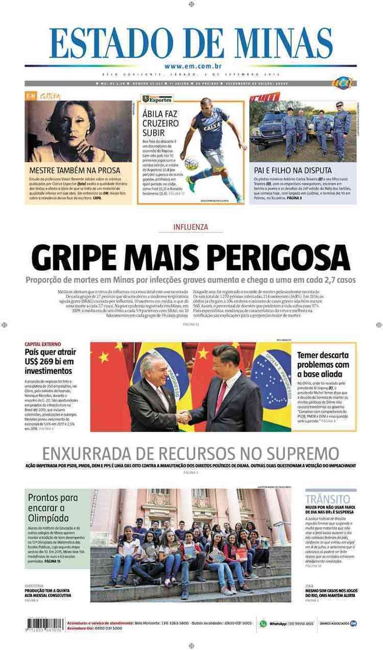 Confira a Capa do Jornal Estado de Minas do dia 03/09/2016