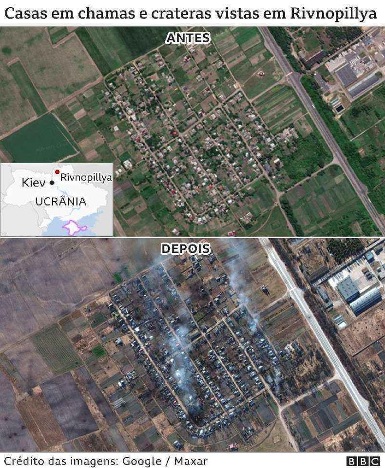 Montagem com antes e depois de ataque em Rivnopillya